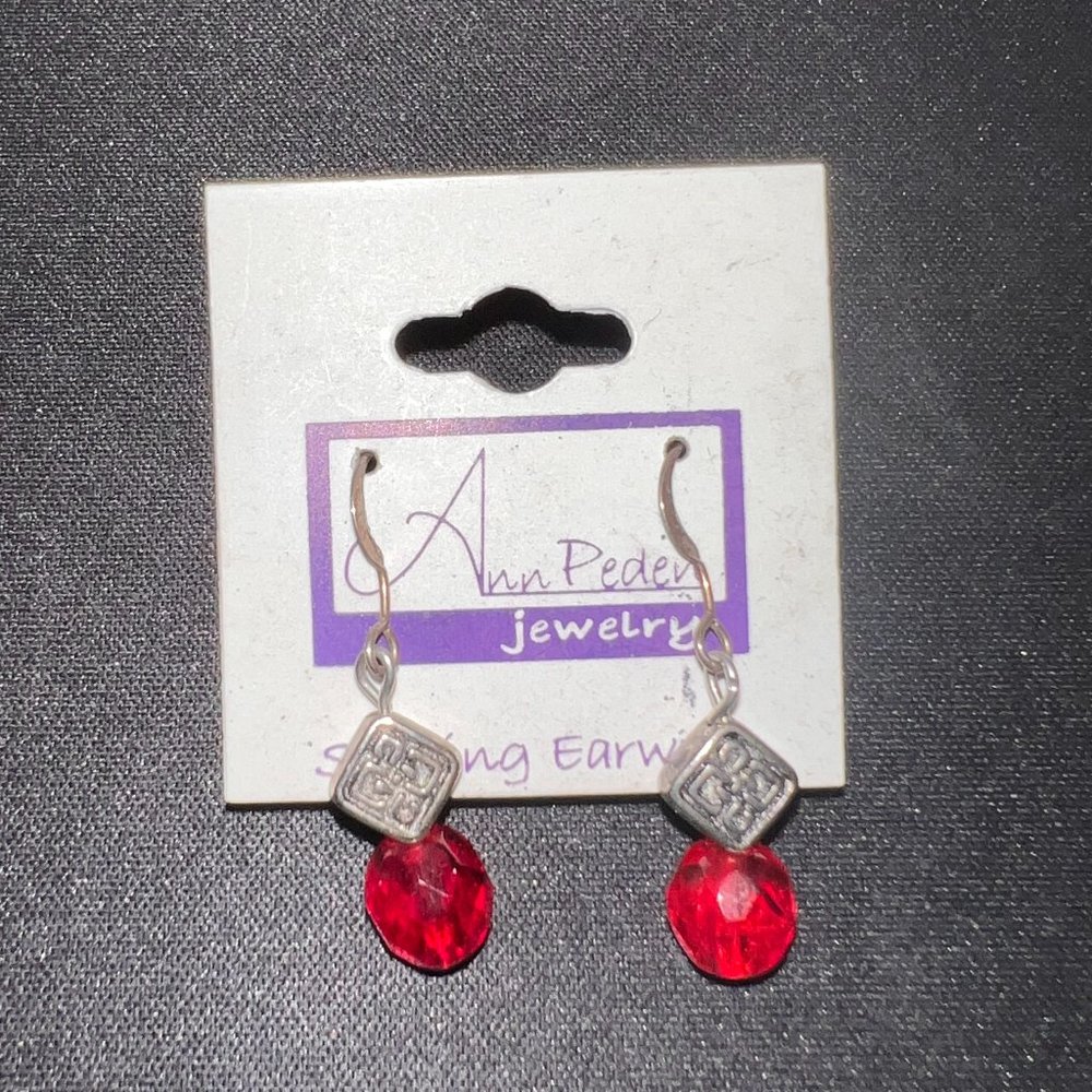 Ann Peden 925 Sterling Ear Wires Faceted Red Beaded Dangle Pierced Earrings